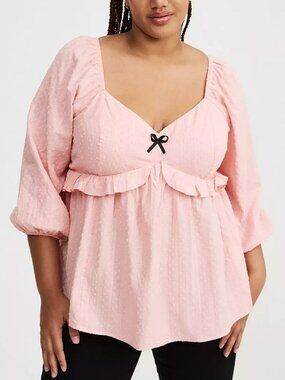 NEW NWT TORRID 1 Plus Size V-Neck Babydoll Top Baby Pink Black Bow Balletcore 1X